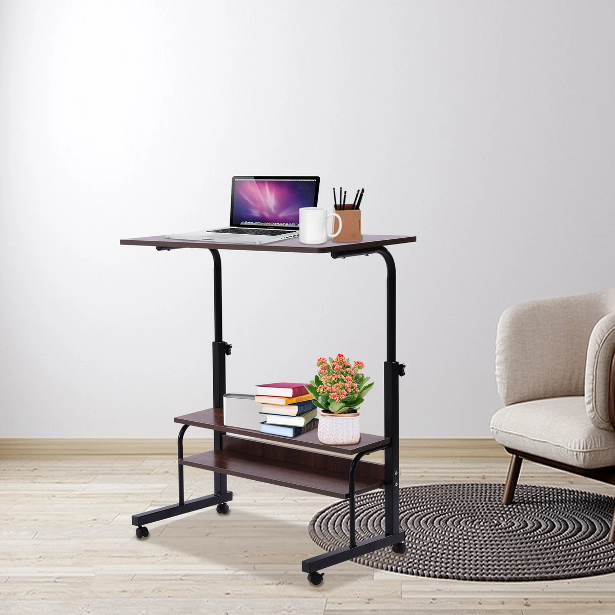 Portable Mobile Laptop Desk Cart Adjustable Height Computer Table
