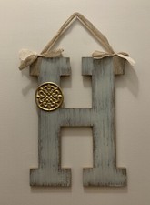 Wooden Farmhouse Rustic Distressed Gray Monogram H Plaque with Burlap Bow