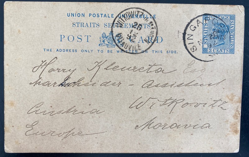 1892 Singapore Straits Settlements PS Postcard Cover To Wirkiwitz Moravia