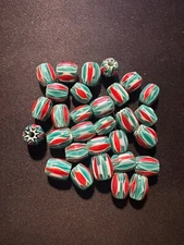 30  Chevron glass beads -Indian Trade 10mm (B1150) rare vintage green