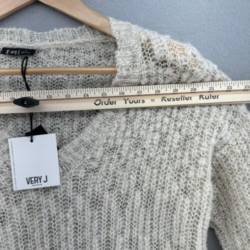 Very J Knit Crochet Sweater Ivory V-Neck Distressed Hem Sleeved SZ S Grunge NWT - Picture 3 of 7