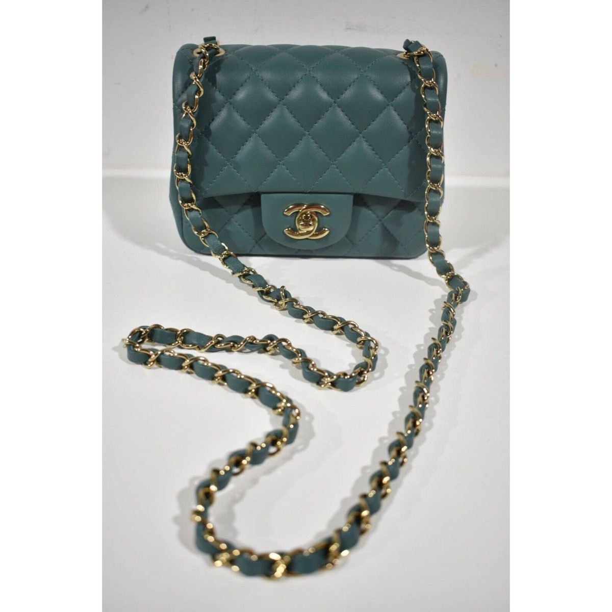 Chanel 21A Green Square Mini Flap CC Logo Quilted Gold Chain