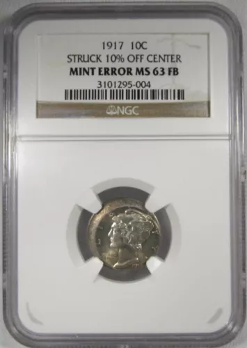 1917 NGC Error! MS63FB 10% Off Center RARE Certified Coin Mercury Dime AK38