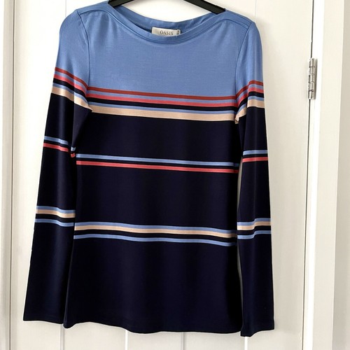 Oasis Size XS Navy Blue Pink Taupe Colour Block Long Sleeved T Shirt Top BNWT
