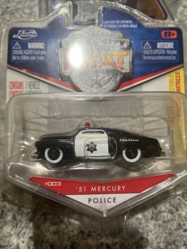 jada badge city heat 1/64 Scale 51 Mercury Black And White Police Car Die-cast - Afbeelding 1 van 4