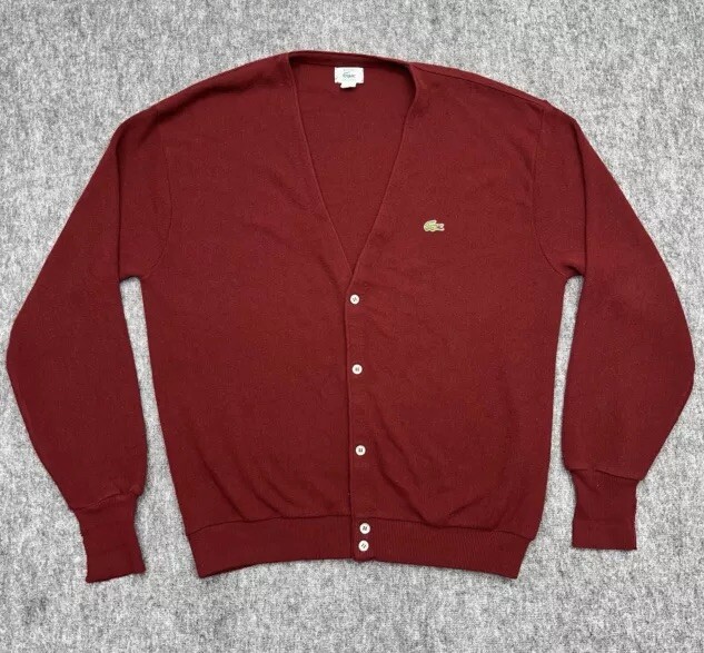 Vintage Izod Lacoste Cardigan Mens XL Red Croc Logo Grandpa Sweater USA 70s 80s