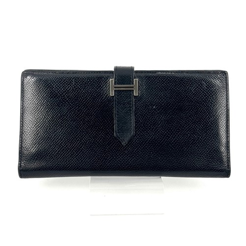 Hermes Bearn Soufflet Long Wallet Black Leather Epsom Auth