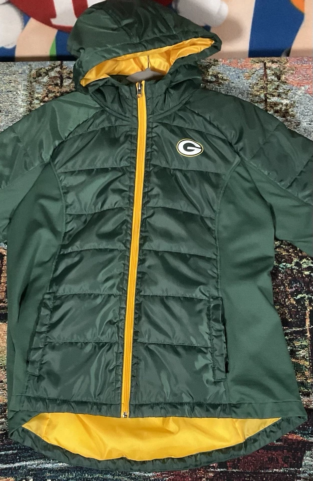 Jaqueta acolchoada Green Bay Packers verde amarela com capuz feminina 2XL vestuário NFL - Imagem 3 de 4