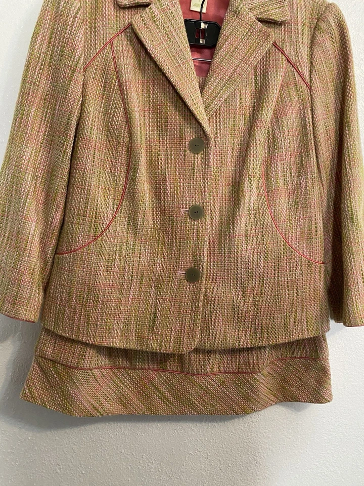 Sigrid Olsen 8 Falda Blazer Traje Conjunto de 2 Piezas, 100% Algodón, Rosa Tweed Oficina Mujer Foto 3 de 4