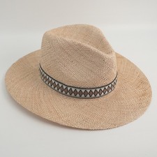 Bruno Magli Raffia Straw Fedora Hat Beige Brown Tribal Band Small Medium NEW