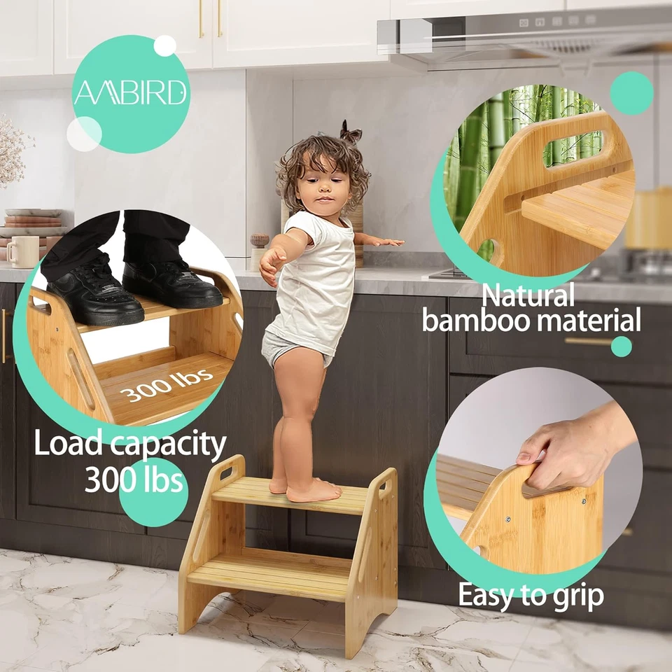 Wooden Step Stool, Two Step Stools Toddler 300 Lbs Capacity with Safety Non-Slip - Image 2 of 4