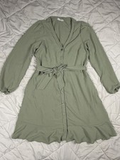 Lucky Brand Green Button Down Belted Ruffle A-Line Dress V-Neck Long Sleeve L
