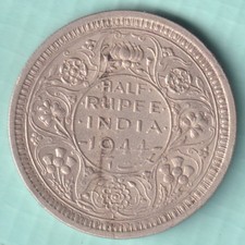 BRITISH INDIA 1944 KING GEORGE VI HALF RUPEE RARE SILVER COIN