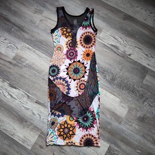 Vtg 90s Y2K USA Women's Medium Bodycon Stretch Floral Mesh Dress
