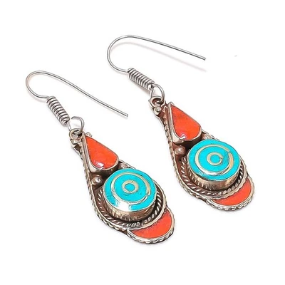 Boucles d'oreilles pierres précieuses corail rouge turquoise bijoux tibétains... - Photo 1/4