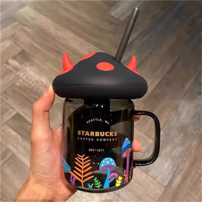 New Starbucks Halloween Mushroom Mason Ox Horn 18oz Black Straw Glass Cups Gifts