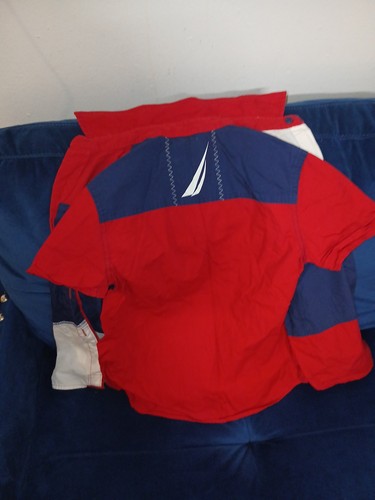 Nautica Kids Boys Short Blue White Red Sleeze Button Up Shirt Size 7x - Picture 6 of 8