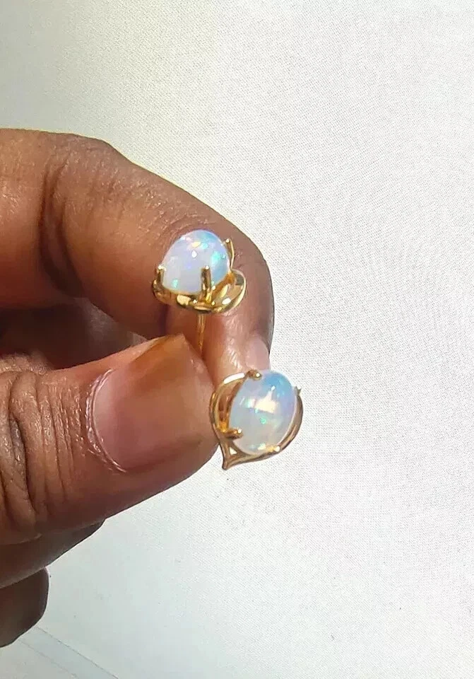 2Ct Oval Cut Lab Created Fire Opal Women's Stud Earrings 14K Yellow Gold Plated - Image 3 of 4