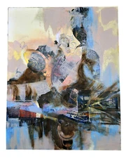 26" Watercolor Painting Paper Carolynn Mann Art Collage Trains Time Abstract Art