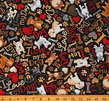 Cotton Tossed Dogs Words Pets Bones Paw Prints Fabric Print by Yard D758.58