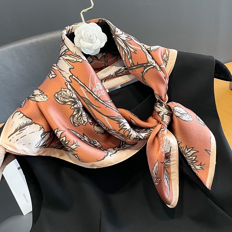 100% Silk Scarf Women Vintage Orange Flowers Kerchief Head