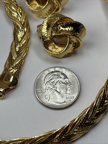 1980s Monet Gold Plated 3/8" Wide Braided 18" Necklace & 7.75" bracelet Earrings - Picture 9 of 10