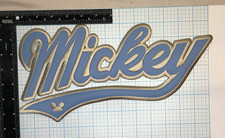 VINTAGE MICKEY MOUSE DISNEY CARTOON 13.5  IRON ON PATCH BLUE  SILVER SCRIPT