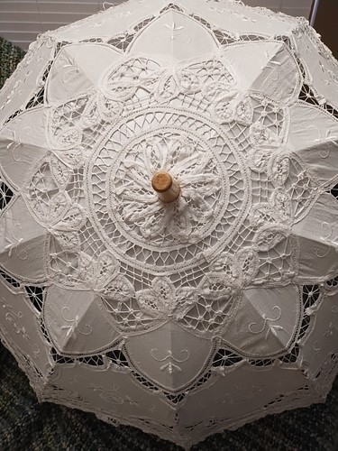 Wedding Parasol Umbrella Lace Linen 30" Vintage Wedding Bridal Shower Party - Picture 3 of 23