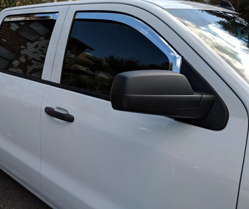 Protectores de lluvia cromados de montaje en canal para Silverado Sierra 2014-2018 doble cabina completa Foto 2 de 4