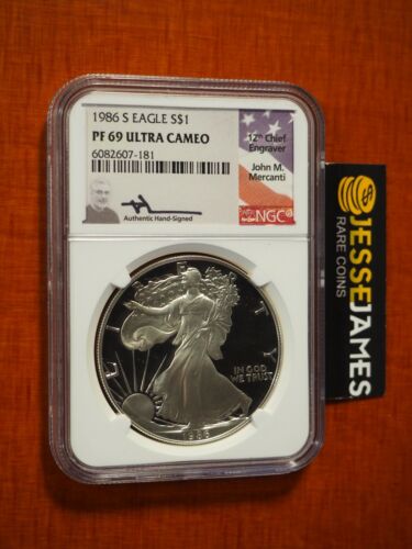 1986 S PROOF SILVER EAGLE NGC PF69 ULTRA CAMEO JOHN MERCANTI HAND SIGNED LABEL - Afbeelding 1 van 2