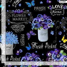 Pansy Blueberries cotton fabric Timeless Treasures CD1890 Floral