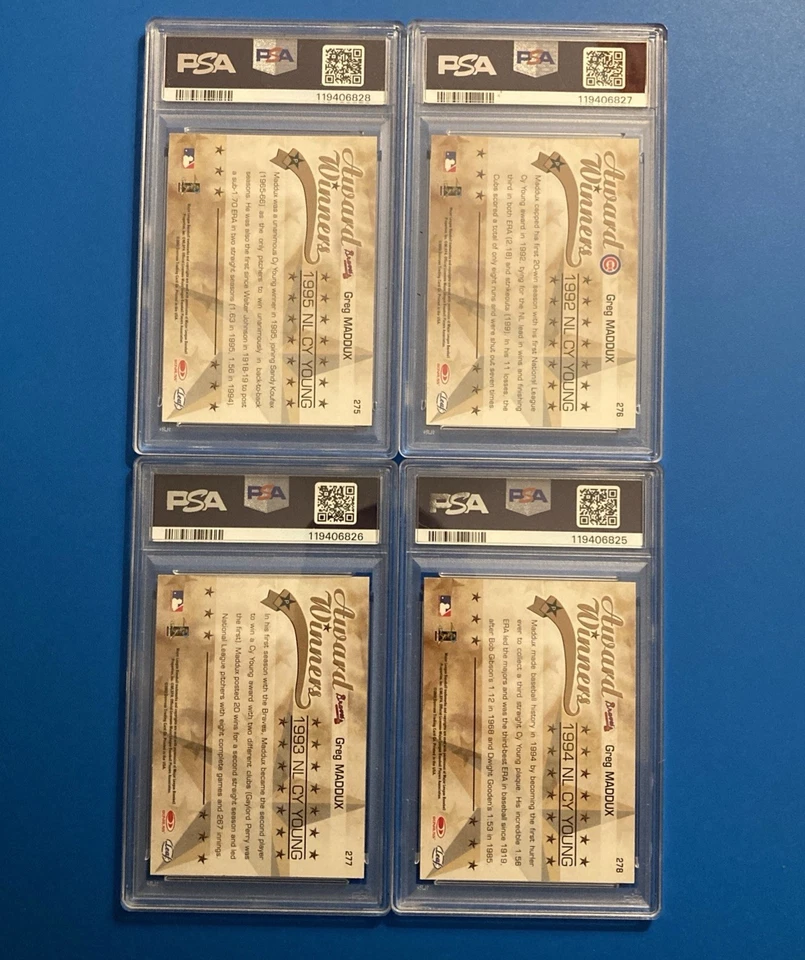 Leaf Rookies & Stars Greg Maddux 2002 4x Cy Young Set clasificación PSA 10/10/10/9 Foto 2 de 4