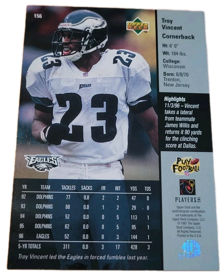 1997 Upper Deck #156 Troy Vincent Philadelphia Eagles NFL Football Card (O1 - Image 2 of 2