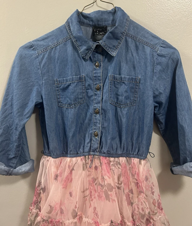 Pink And Violet Girls Denim Dress With Tulle Tutu Size 10 Back To School Dress - Image 2 of 4