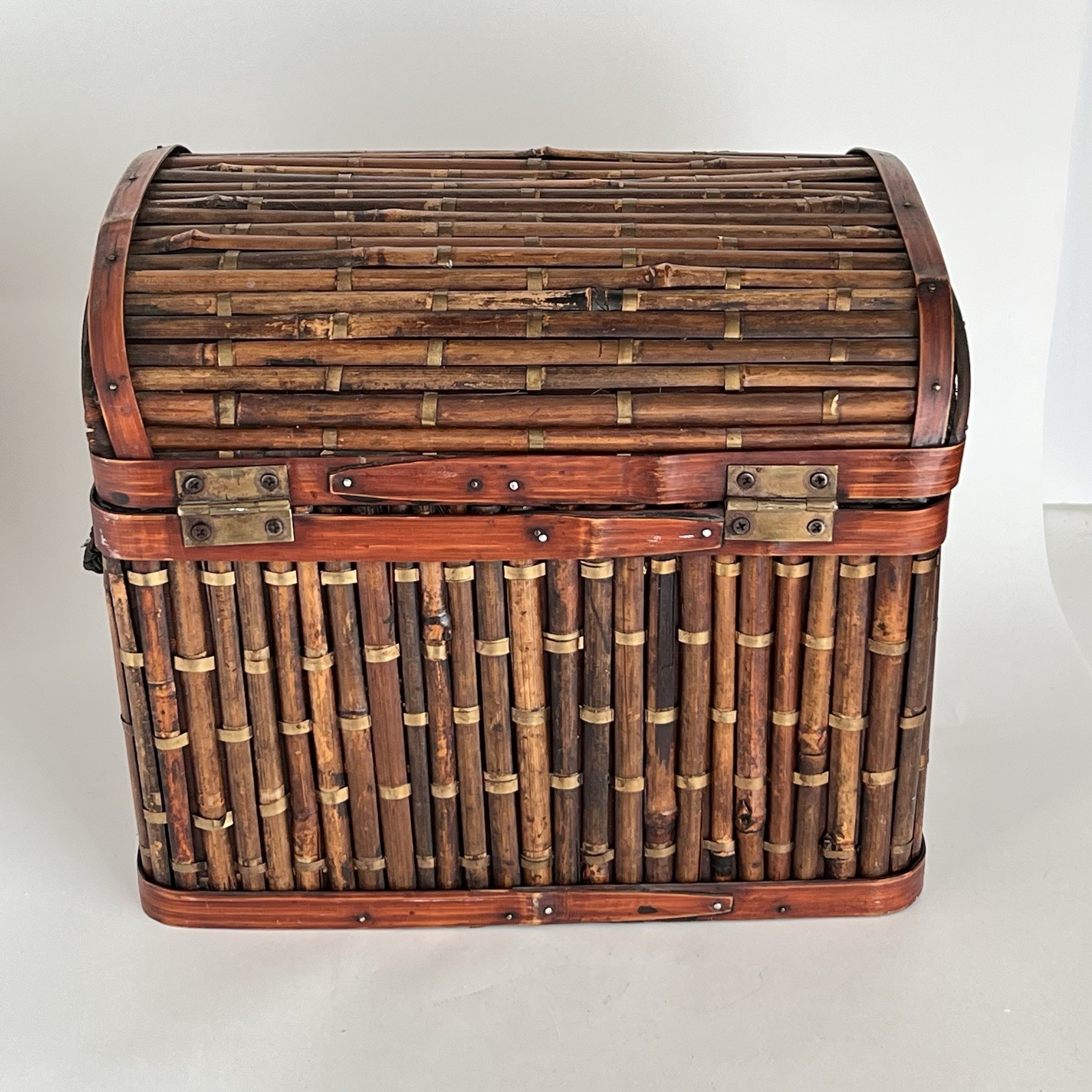 Bamboo & Tin Chest Trunk With Metal Latch & Dome Lid Boho Cottage Cabin 10”
