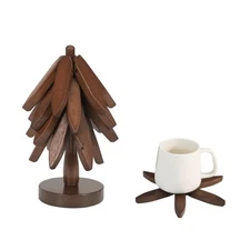 Artisanal Wooden Coasters Trivets Set – Foldable Wooden Tree Trivet with 4 Co...