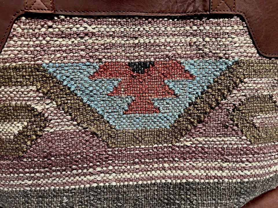 Kilim Jute Leather Boho X Large Weekender Travel Duffle Tote Bag Satchel 21.5” - Image 2 of 4