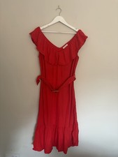 F&F Linen Blend Off Shoulder Midi Dress UK 16 Red Summer Holiday Boho Dress