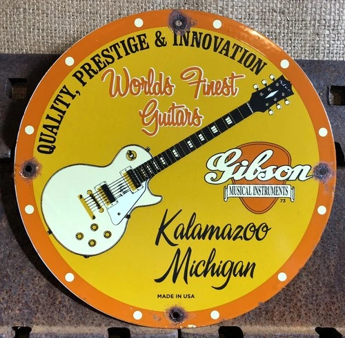 VINTAGE 1973 DATED GIBSON GUITAR MUSICAL INSTRUMENTS PORCELAIN SIGN OIL GAS