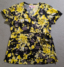 Koi by Kathy Peterson Women s Black  Yellow Floral Hawaiian Scrub Top / Size S