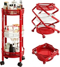 Red 3 Tier Foldable Rolling Cart Metal Utility Storage Trolley Organizer w Lock