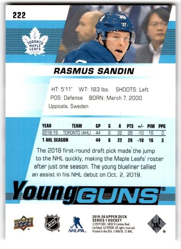 2019-20 Upper Deck Young Guns Rasmus Sandin Rookie #222 Toronto Maple Leafs - Picture 2 of 2
