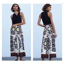 ZARA Wide Leg Palazzo Culotte Floral Pants Women's Cream Black Brown L