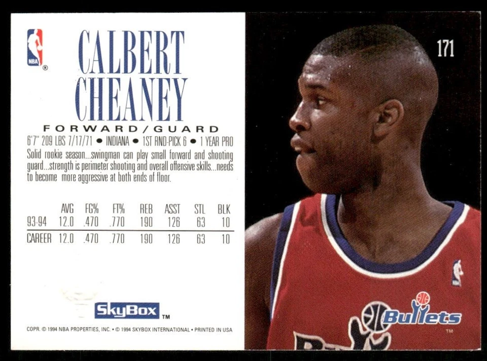 1994-95 SKYBOX CALBERT CHEANEY WASHINGTON BULLETS #171 - Image 2 of 2