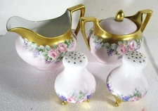 4 PIECE GERMAN BREAKFAST SET, SUGAR CREAMER SALT & PAPPER, HAND PAINTED CA 1910