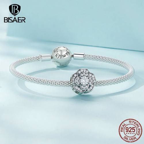 Bisaer Women S925 Sterling Silver Camellia CZ Bead Charms Jewelry Fit Bracelets - Picture 3 of 16