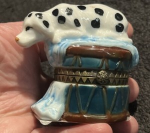 Vtg Dalmatian Dog Trinket Box Black Spotted Dog on Drum Porcelain Hinged Herco