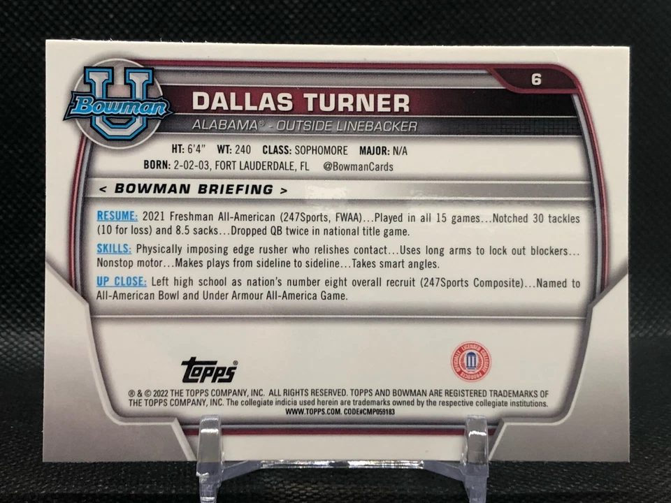 Dallas Turner 2022 Bowman University 1st Bowman Pink Refractor + Chrome Cards #6 - Image 3 of 4