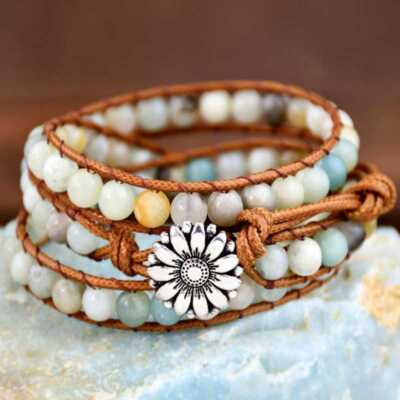 Handcrafted 6mm Amazoniteium beads cowhide rope cuff bracelet Teens