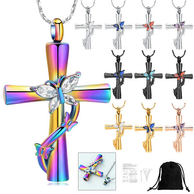 Crystal Butterfly Cross Urn Pendant Memorial Cremation Jewelry for Ashe Necklace